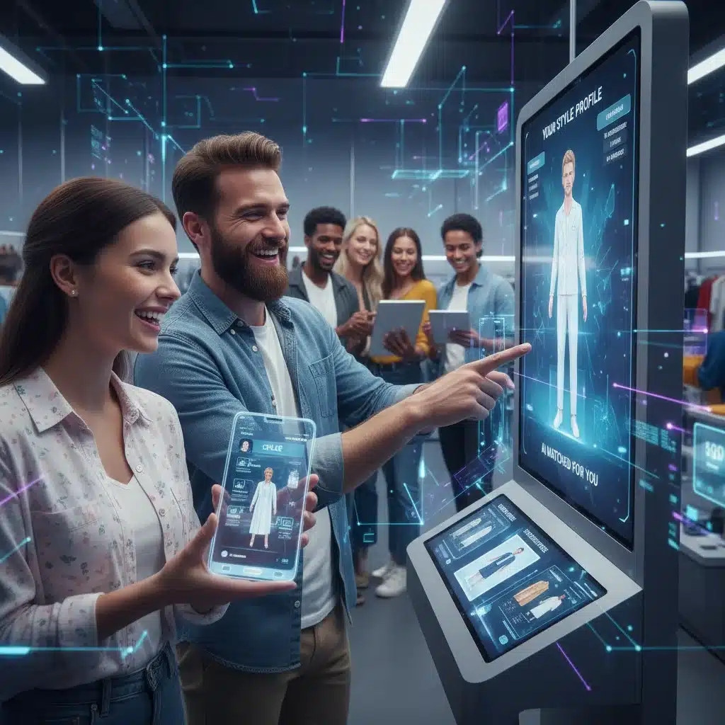 Happy customers engaging with personalized AI retail experiences