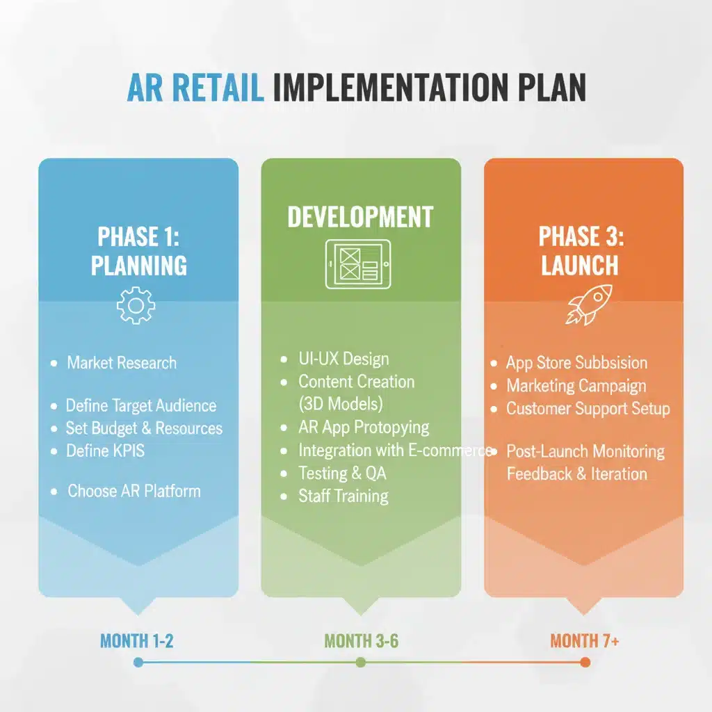Infographic detailing the three-month AR retail implementation plan phases and key activities.