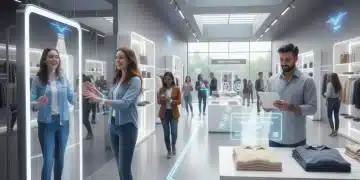Shoppers engaging with augmented reality in a modern retail environment, enhancing their experience.