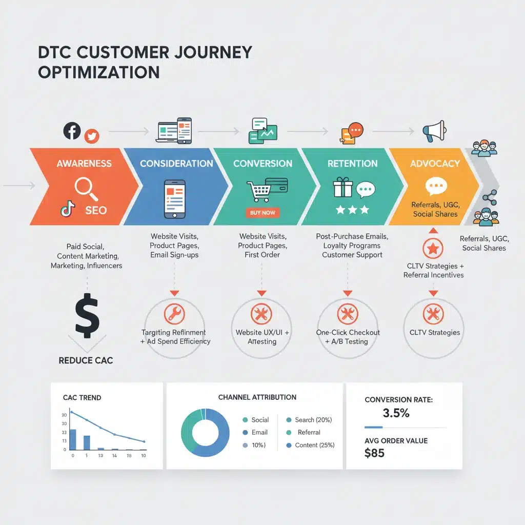 Customer journey funnel with data points for CAC optimization.