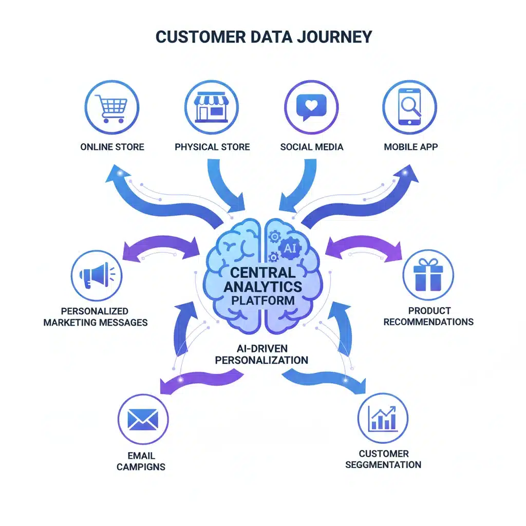 Infographic illustrating data-driven personalization in omnichannel retail, showing data collection and tailored customer experiences.