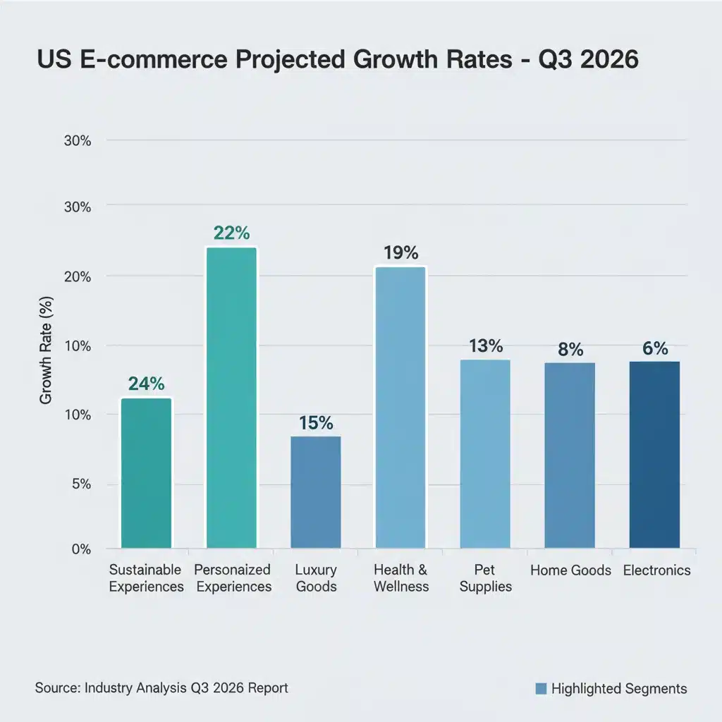 Projected growth rates for US e-commerce segments in Q3 2026, including sustainable products and personalized experiences.