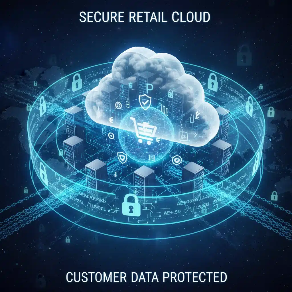Secure cloud infrastructure with encryption protecting sensitive customer data for retail businesses.