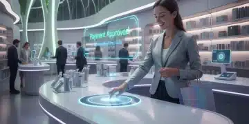 Customer using a biometric fingerprint scanner at a futuristic checkout counter, with a digital display showing fast transaction approval.