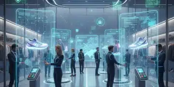 Advanced cybersecurity protecting retail technology and customer data in a futuristic store environment.