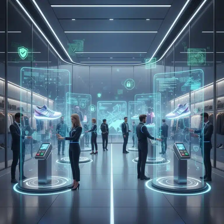 Advanced cybersecurity protecting retail technology and customer data in a futuristic store environment.