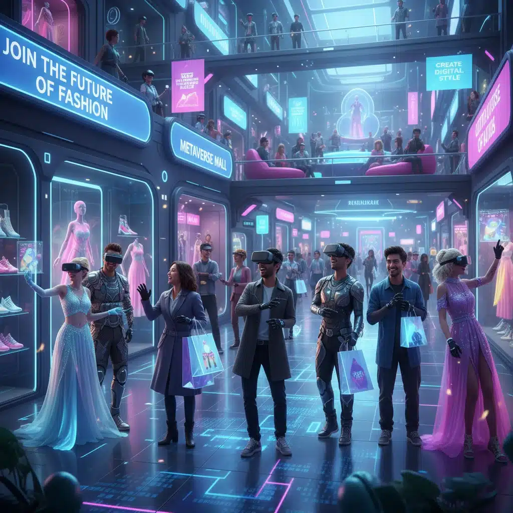 Consumers engaging with avatars in a metaverse retail environment.