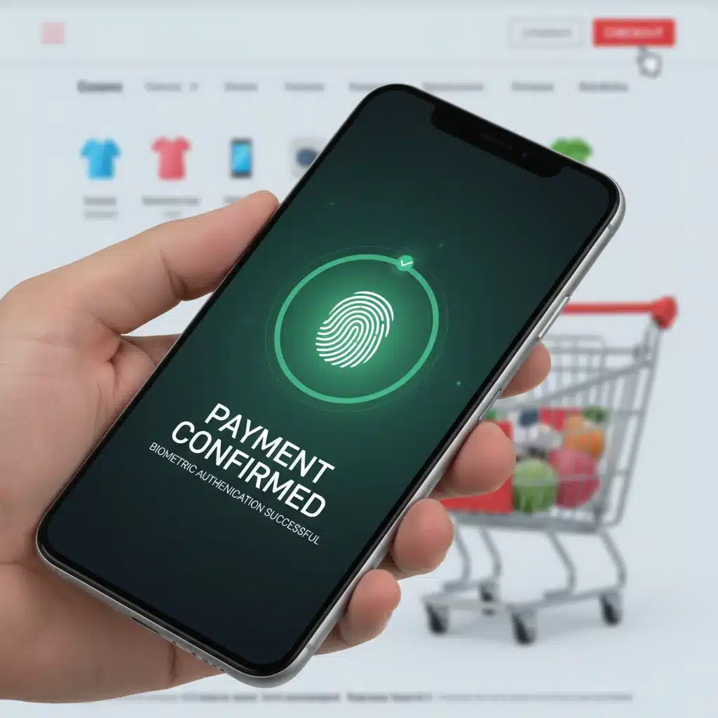 Smartphone screen showing successful biometric payment confirmation for an online purchase, emphasizing ease of use.