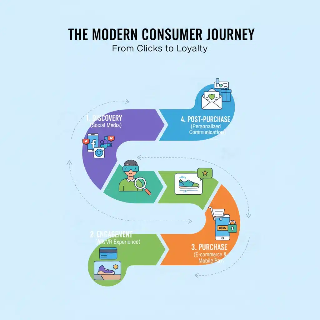 Infographic depicting the modern consumer journey in e-commerce, incorporating social media, AR/VR, and personalization.