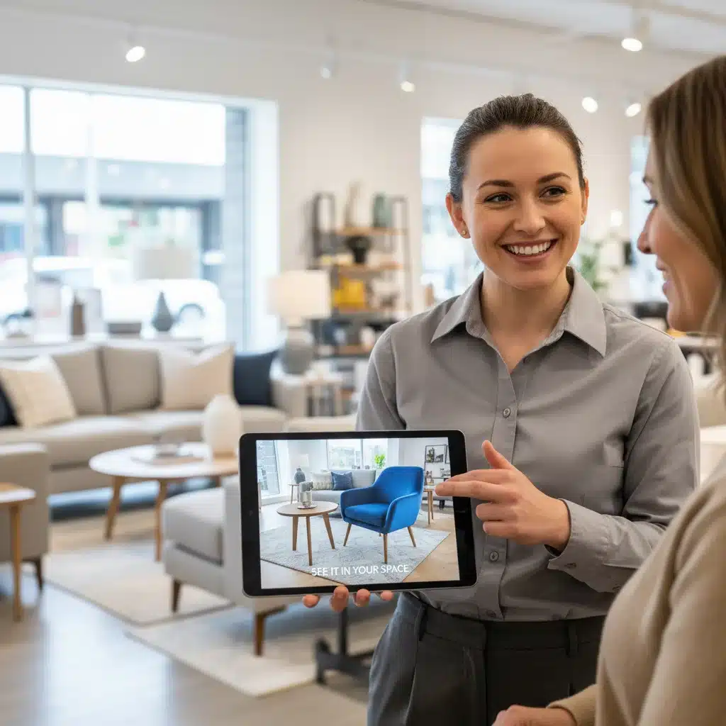 Retail employee demonstrating an augmented reality application to a customer for product visualization.