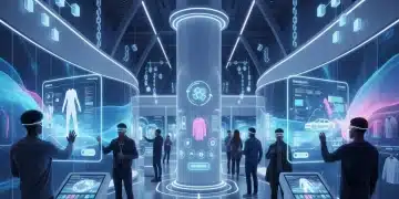 Futuristic retail store with holographic displays and augmented reality, symbolizing Web3 innovation in DTC.