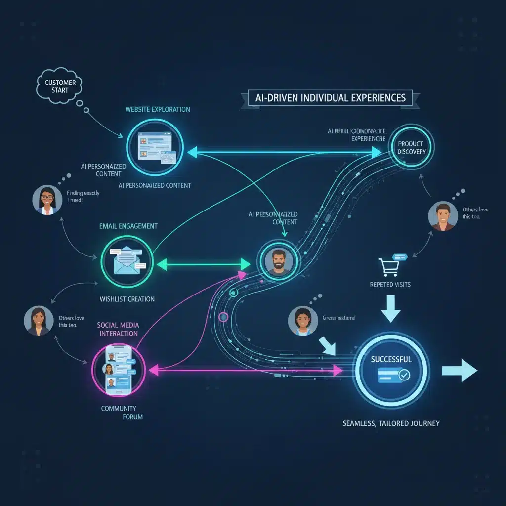 AI-powered customer journey map illustrating personalized experiences and touchpoints.