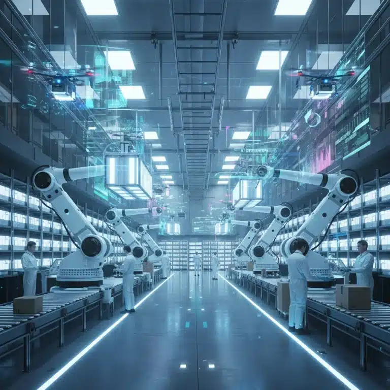AI-powered inventory management in a modern warehouse reducing stockouts