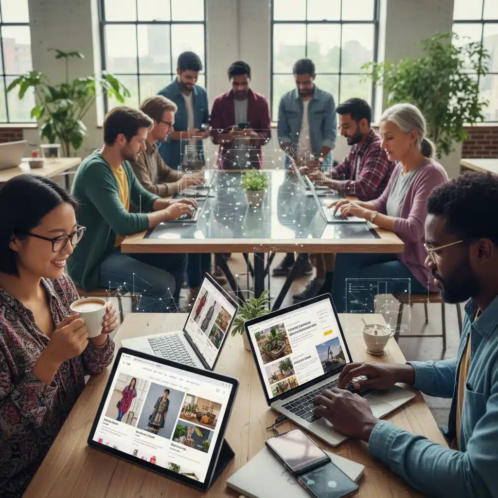 Diverse consumers engaging with AI-personalized digital content on multiple devices.