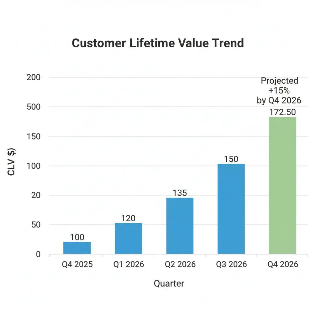 Bar graph illustrating a significant increase in Customer Lifetime Value (CLV) over time, targeting a 15% rise.