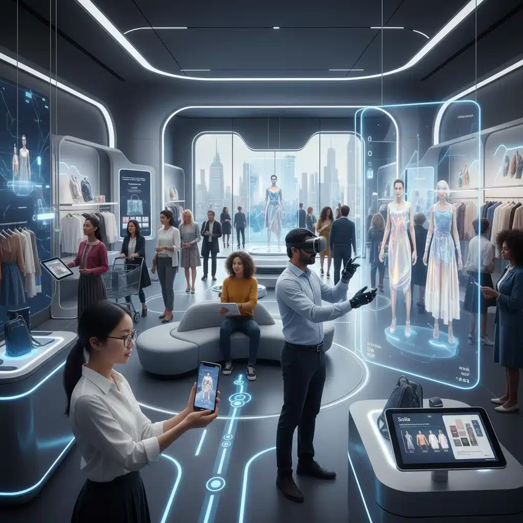 Consumers interacting with diverse retail technologies for personalized shopping.