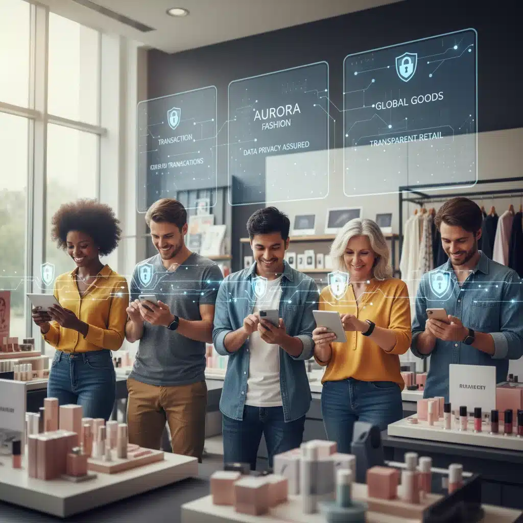 Happy consumers confidently shopping online, symbolizing increased trust from strong data privacy.