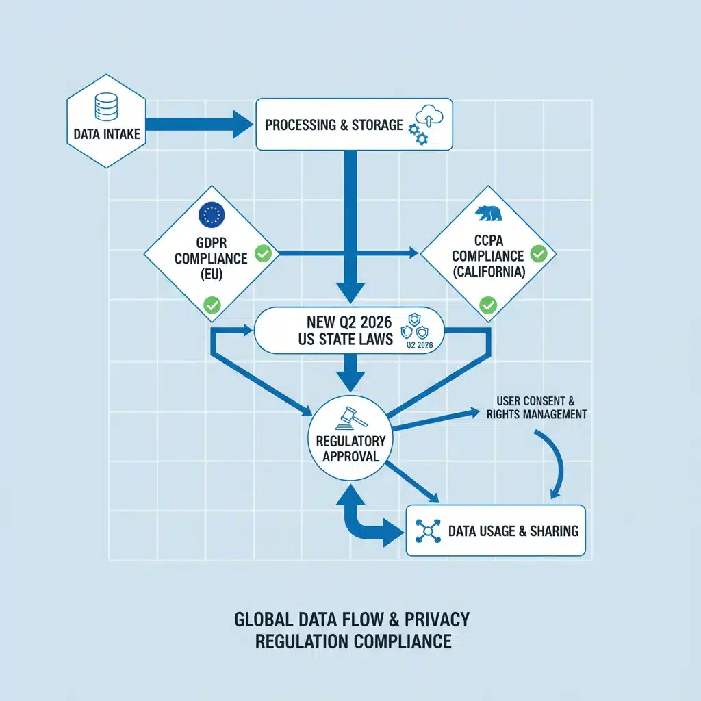 Data privacy regulation flowchart showing compliance checkpoints.