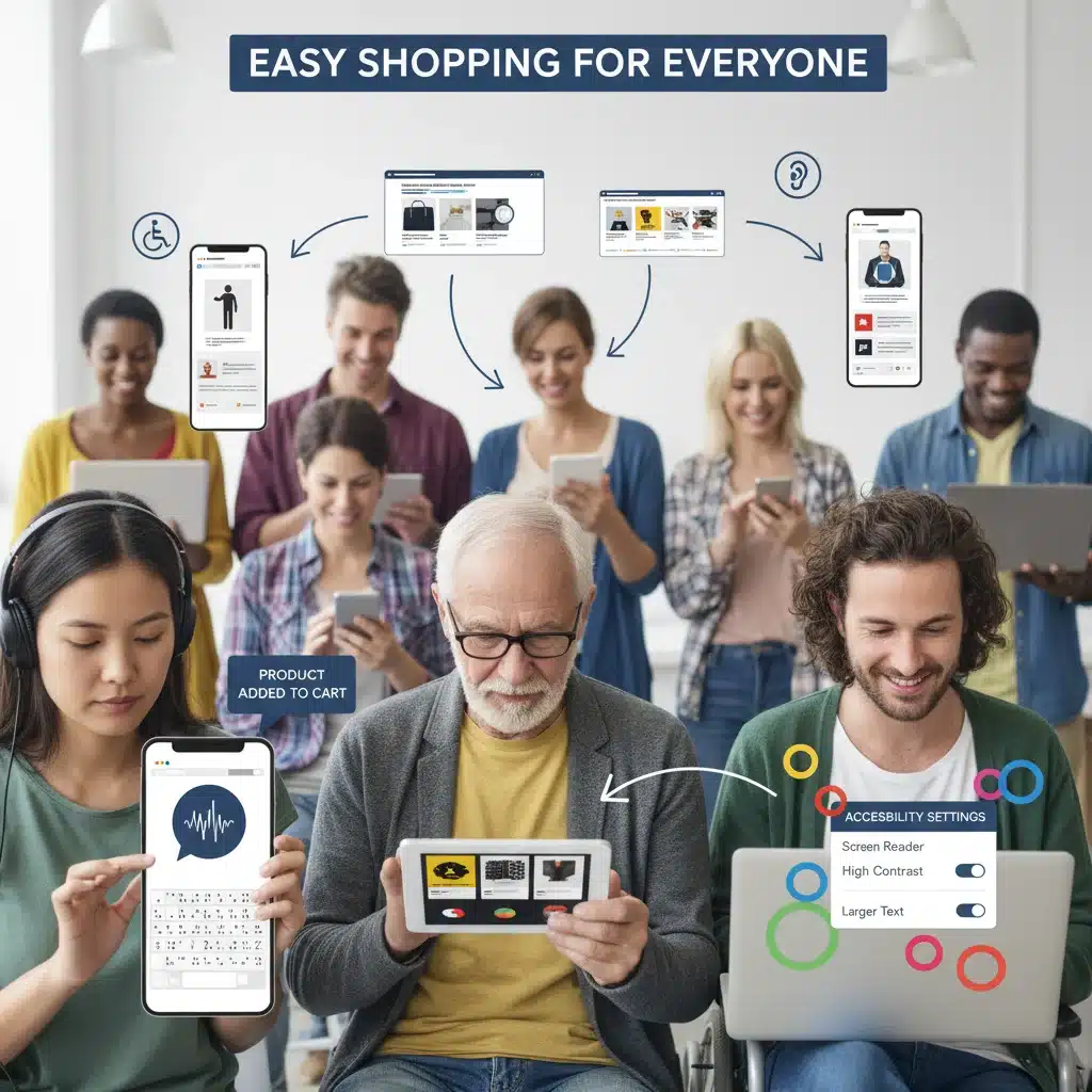 Diverse users accessing e-commerce website with accessibility features.