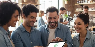 Happy customers interacting with a digital loyalty program, representing strong customer engagement and retention.