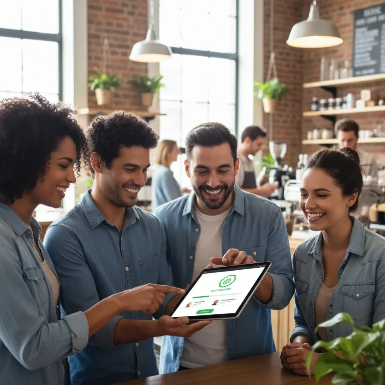 Happy customers interacting with a digital loyalty program, representing strong customer engagement and retention.
