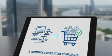 Tablet showing legal documents and shopping cart, representing e-commerce compliance.