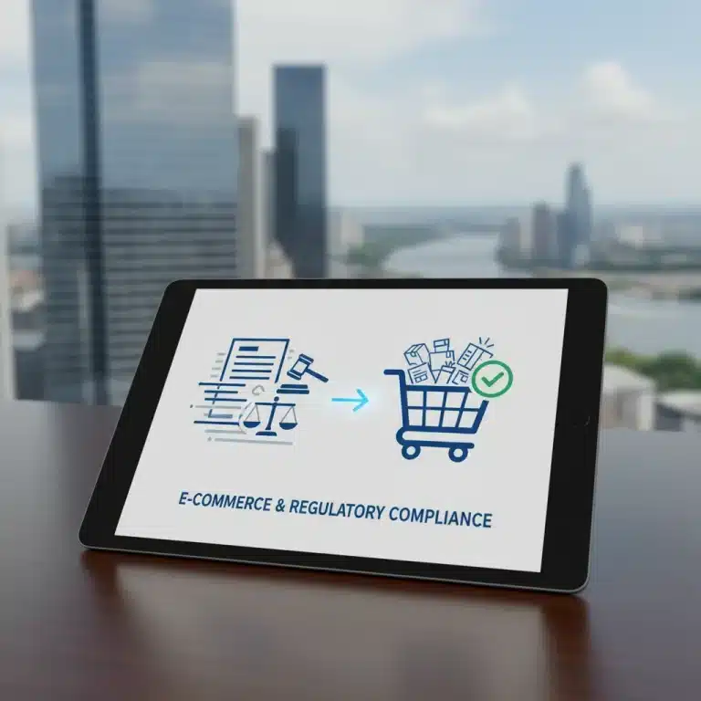 Tablet showing legal documents and shopping cart, representing e-commerce compliance.