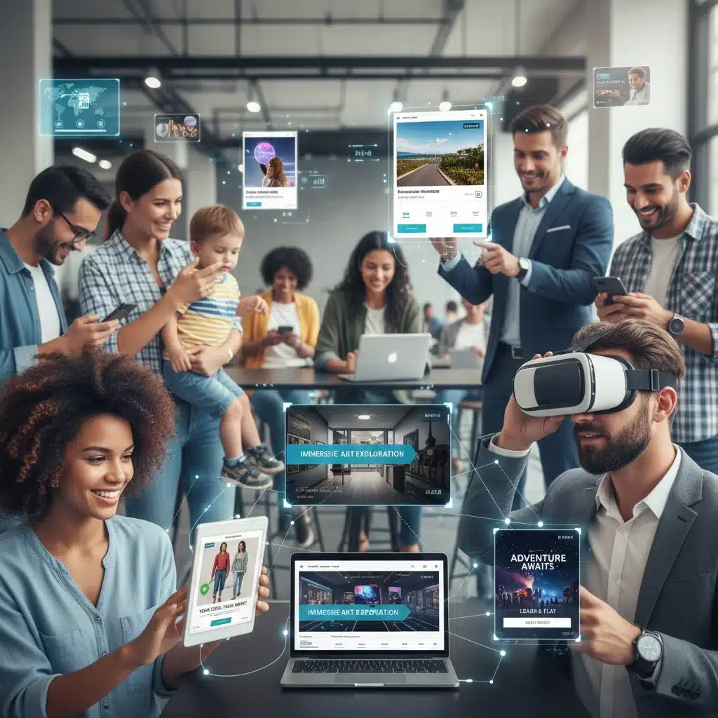 Diverse people engaging with personalized digital content through contextual advertising
