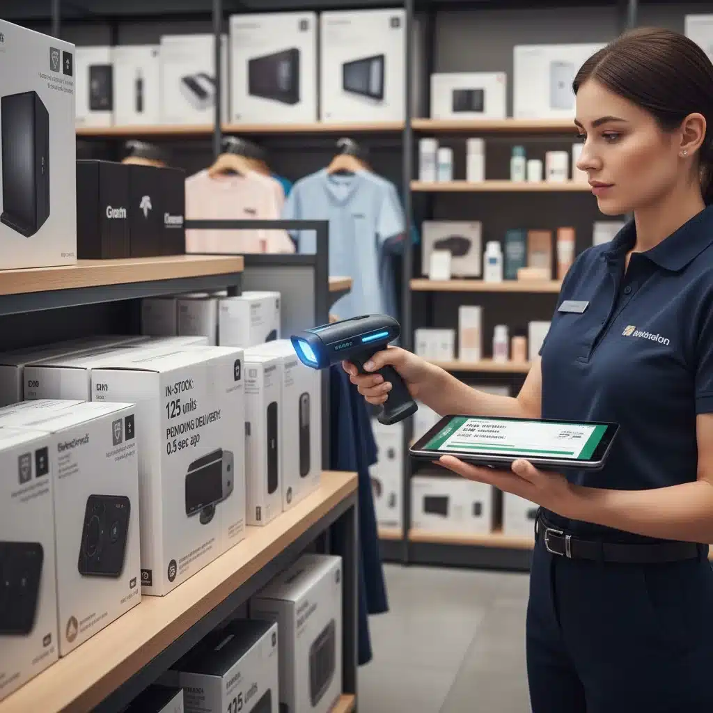 Retail associate using handheld RFID reader for real-time inventory updates.