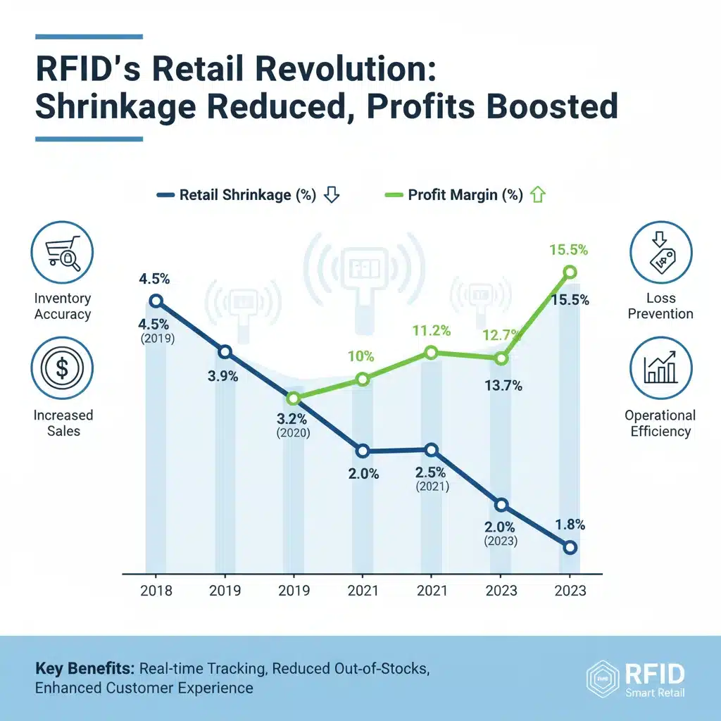 Infographic showing reduced retail shrinkage and increased profits due to RFID implementation.