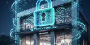 Data Privacy Regulations 2026: US Retailers' Path to Compliance & Trust Secure digital lock over retail store, representing data privacy compliance and trust in retail.