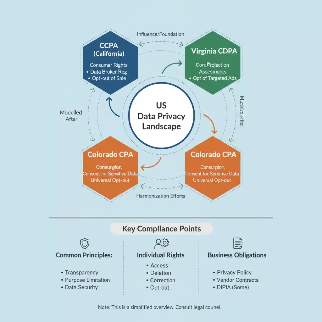 Infographic showing various US data privacy laws and their connections