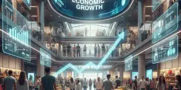 Dynamic retail environment with shoppers and digital trends, symbolizing market growth.