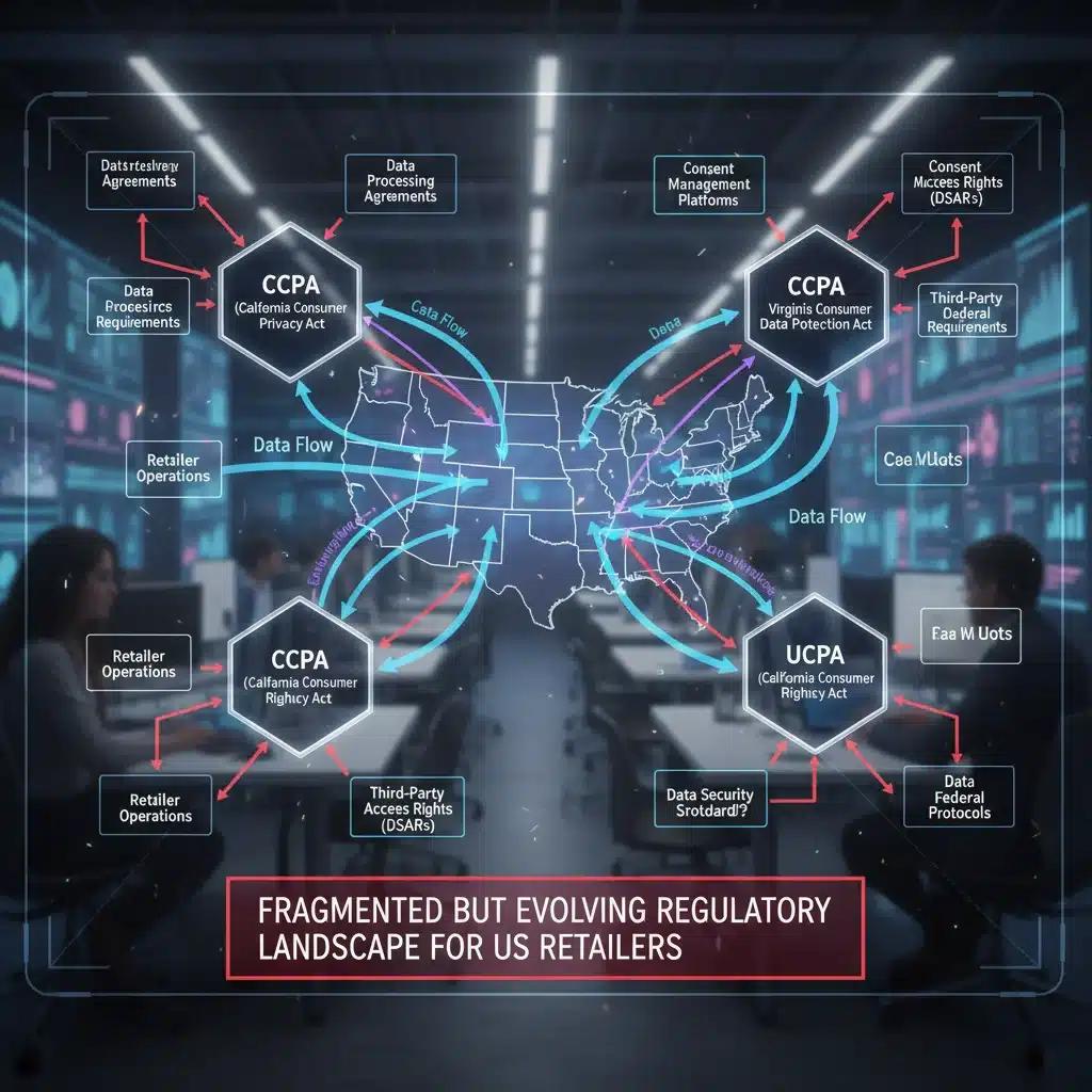 Flowchart depicting interconnected US state data privacy regulations for retailers.