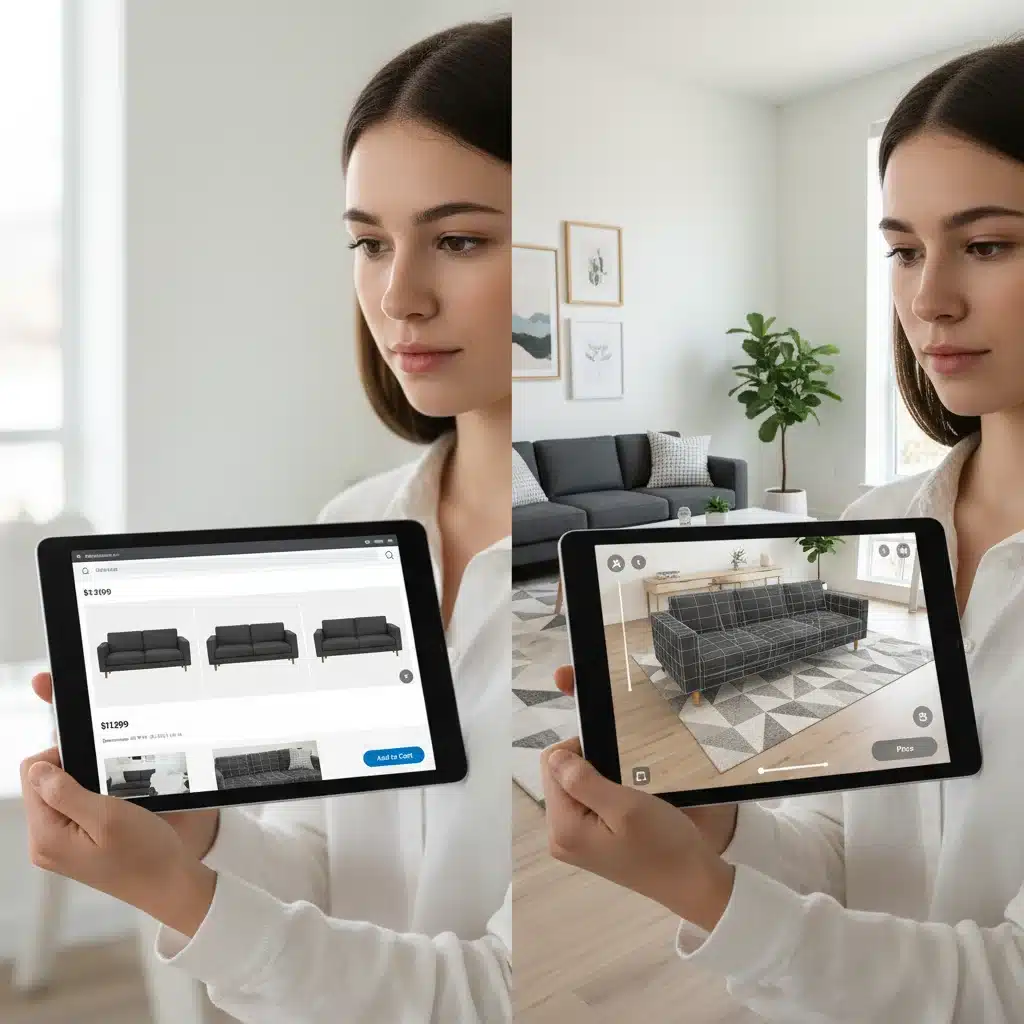 Split screen showing a sofa product page versus virtual AR placement of the sofa in a living room.