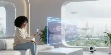 Woman virtually trying on glasses with augmented reality in a futuristic living room setting.