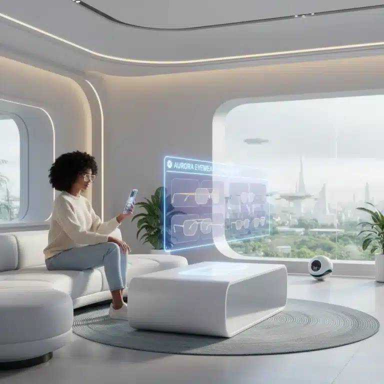 Woman virtually trying on glasses with augmented reality in a futuristic living room setting.