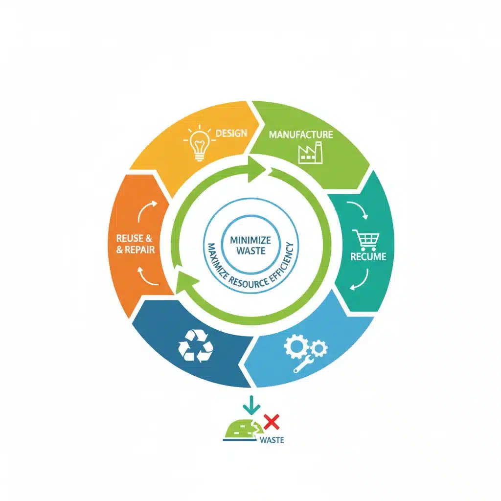 Circular economy diagram illustrating reuse, recycle, and repair cycles for sustainable consumption.