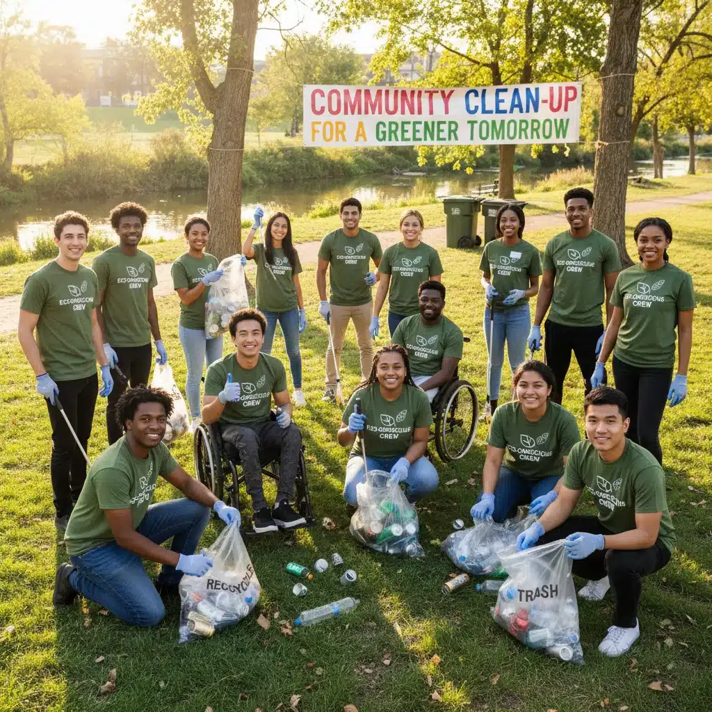 Community volunteers engaged in a park clean-up, emphasizing environmental responsibility and collective action.