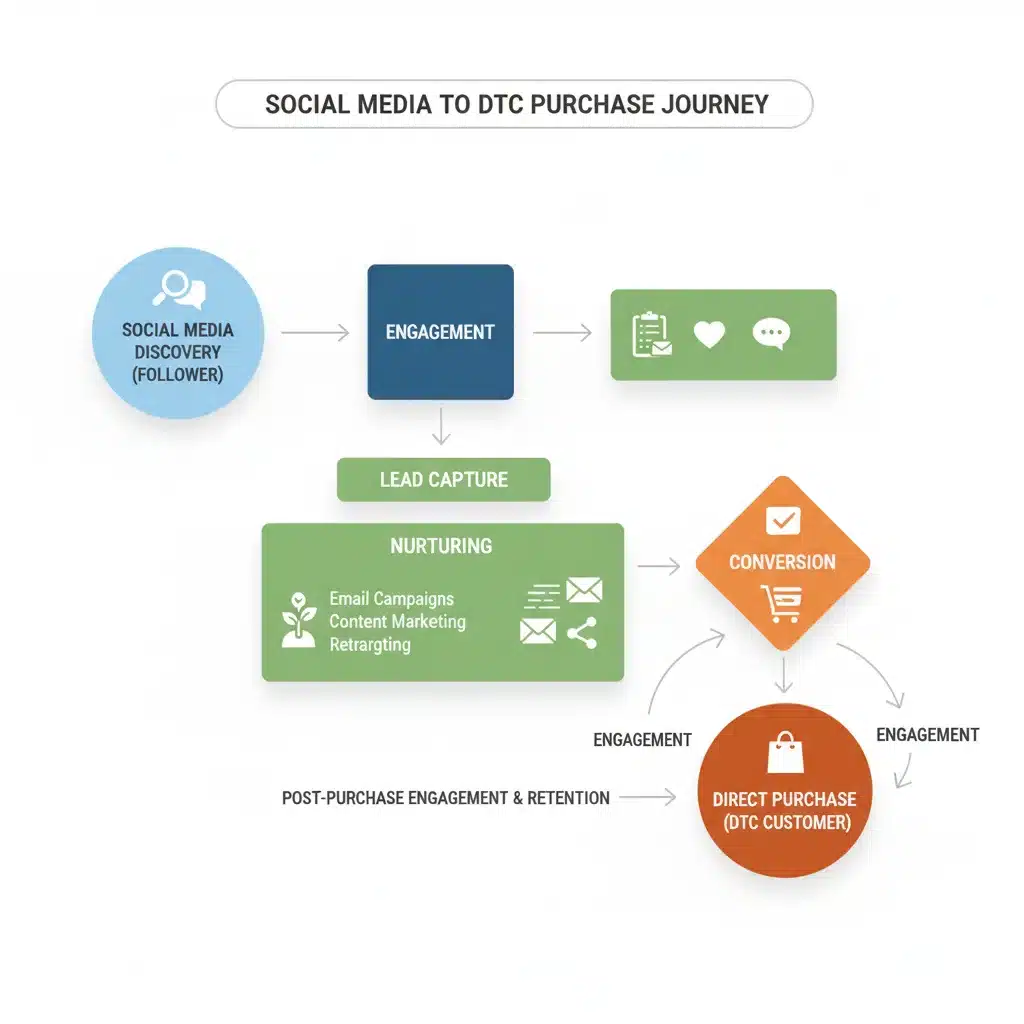Customer journey flowchart from social media follower to direct-to-consumer customer, detailing conversion steps.