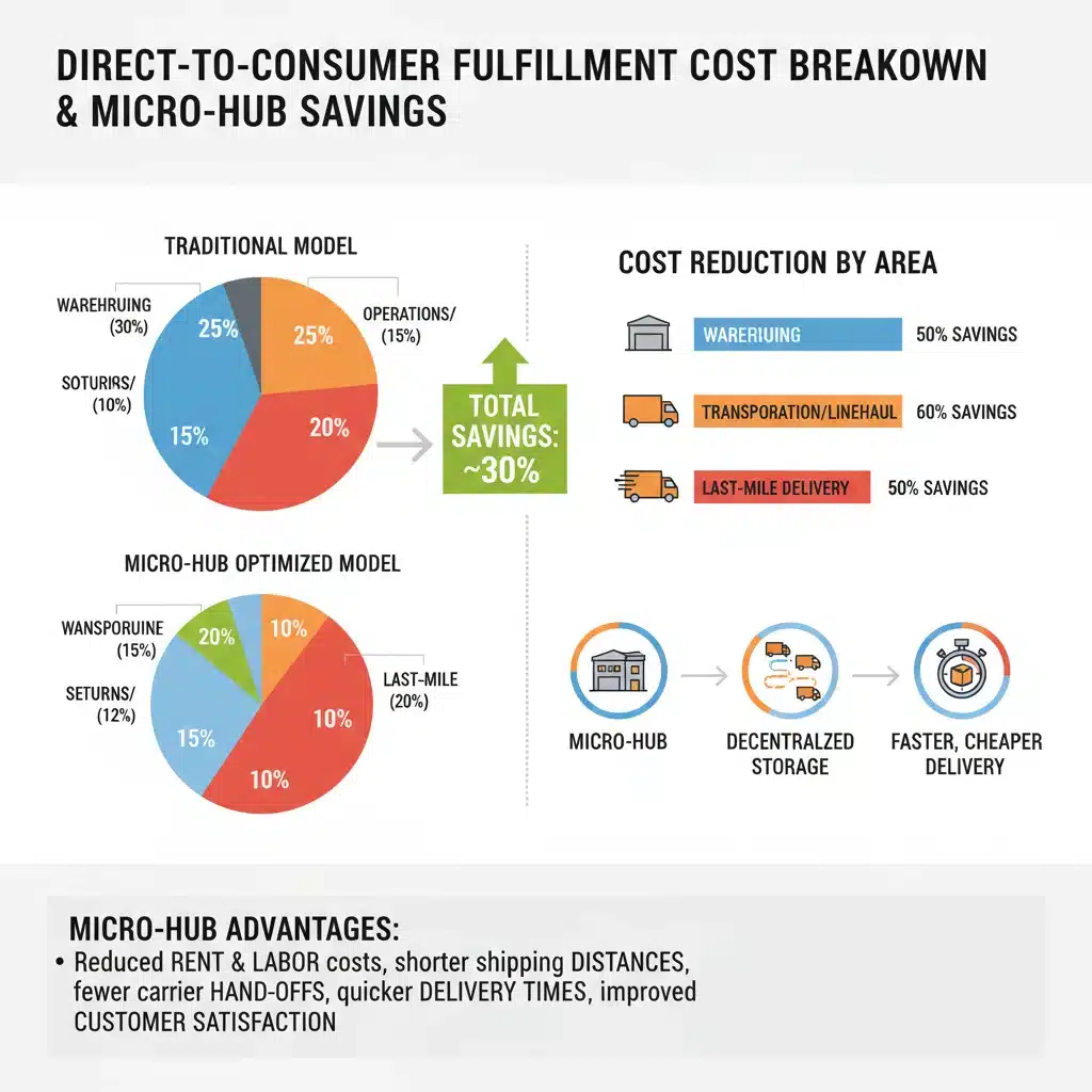 Infographic illustrating direct-to-consumer fulfillment cost breakdown and savings potential