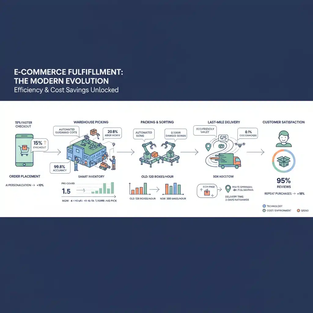 E-commerce fulfillment process infographic illustrating efficiency and cost savings.