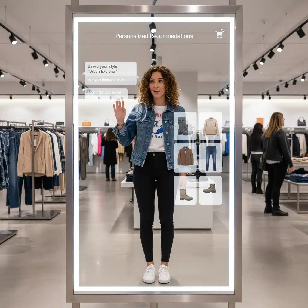Customer interacting with a smart mirror powered by edge computing in a retail store