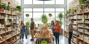 Modern retail store featuring sustainable products and eco-friendly packaging, with diverse shoppers examining items.