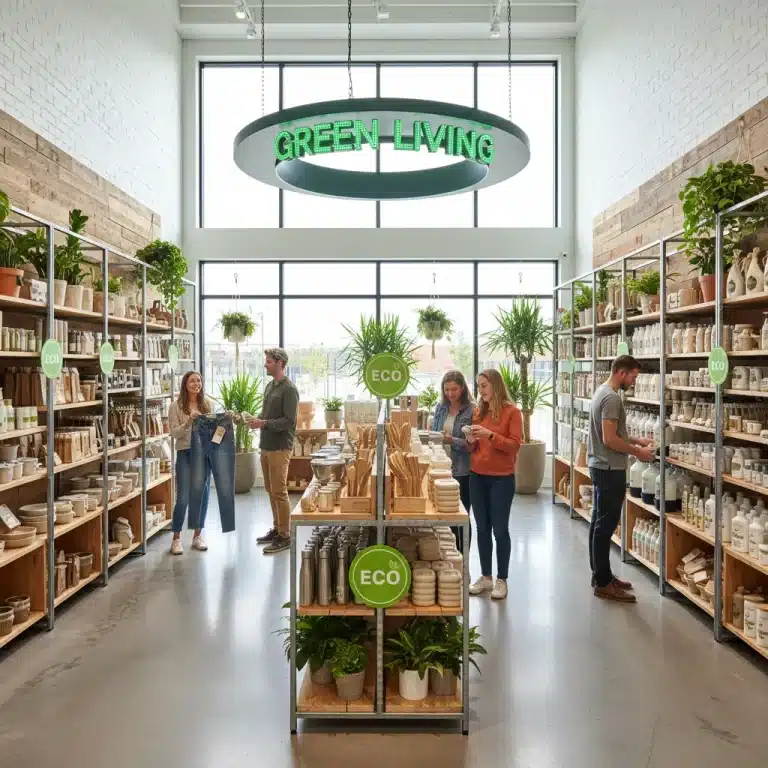 Modern retail store featuring sustainable products and eco-friendly packaging, with diverse shoppers examining items.